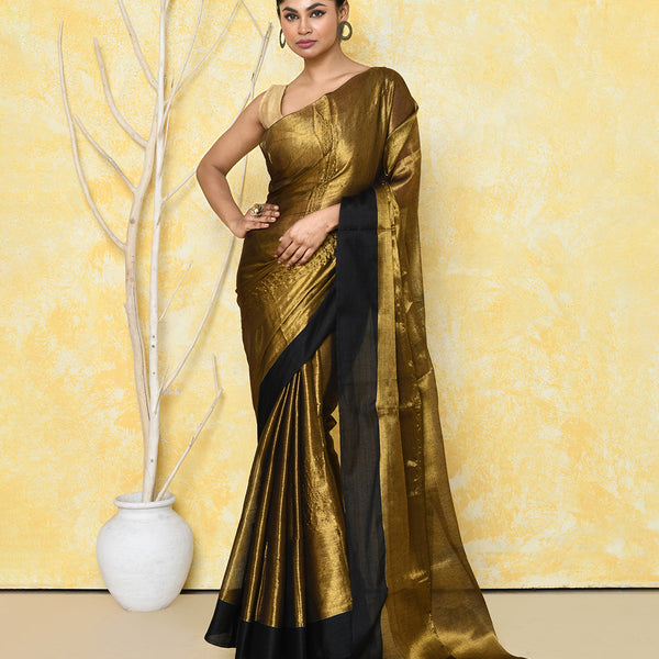 Piyari Fashion Women's Gold Organic Tissue Saree With Blouse Piece
