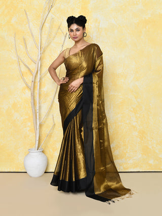 Piyari Fashion Women's Gold Organic Tissue Saree With Blouse Piece