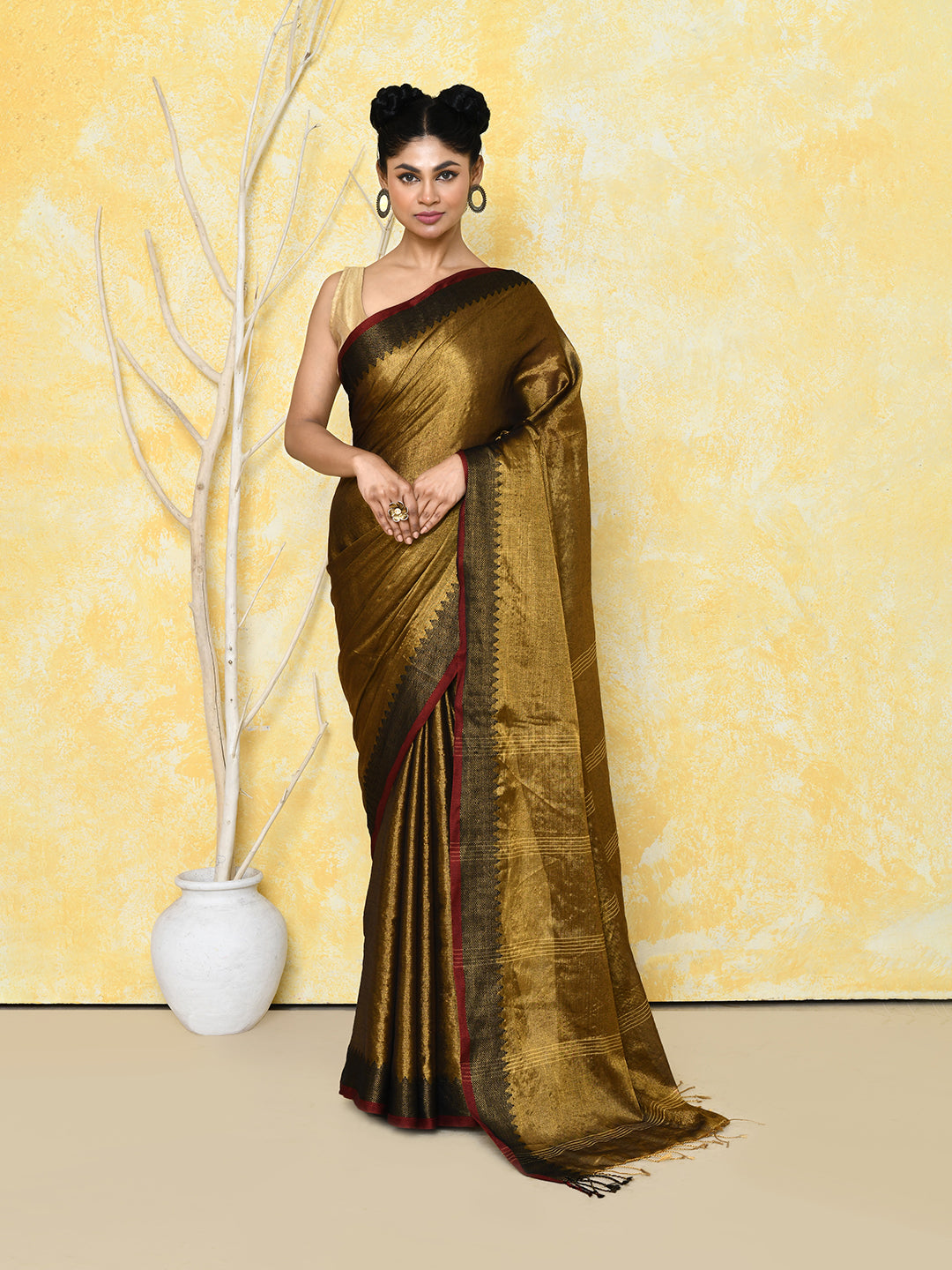 Piyari Fashion Women's Gold Organic Tissue Saree With Blouse Piece