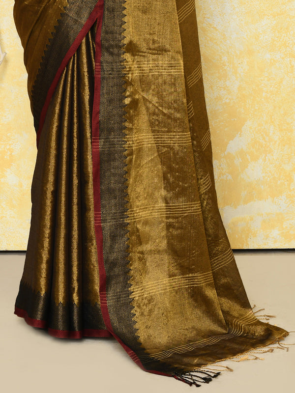 Piyari Fashion Women's Gold Organic Tissue Saree With Blouse Piece