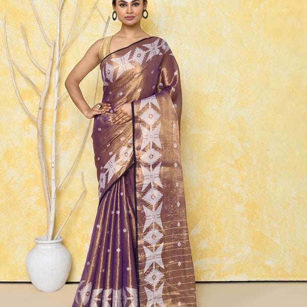 Piyari Fashion Women's Gold Blue Dual Tone Organic Tissue Jamdani Saree With Blouse Piece