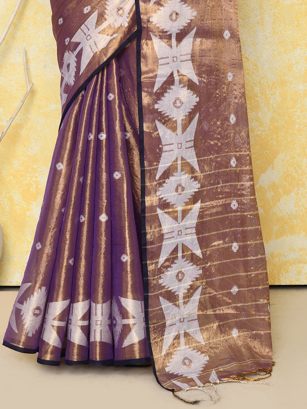Piyari Fashion Women's Gold Blue Dual Tone Organic Tissue Jamdani Saree With Blouse Piece
