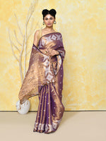 Thumbnail for Piyari Fashion Women's Gold Blue Dual Tone Organic Tissue Jamdani Saree With Blouse Piece