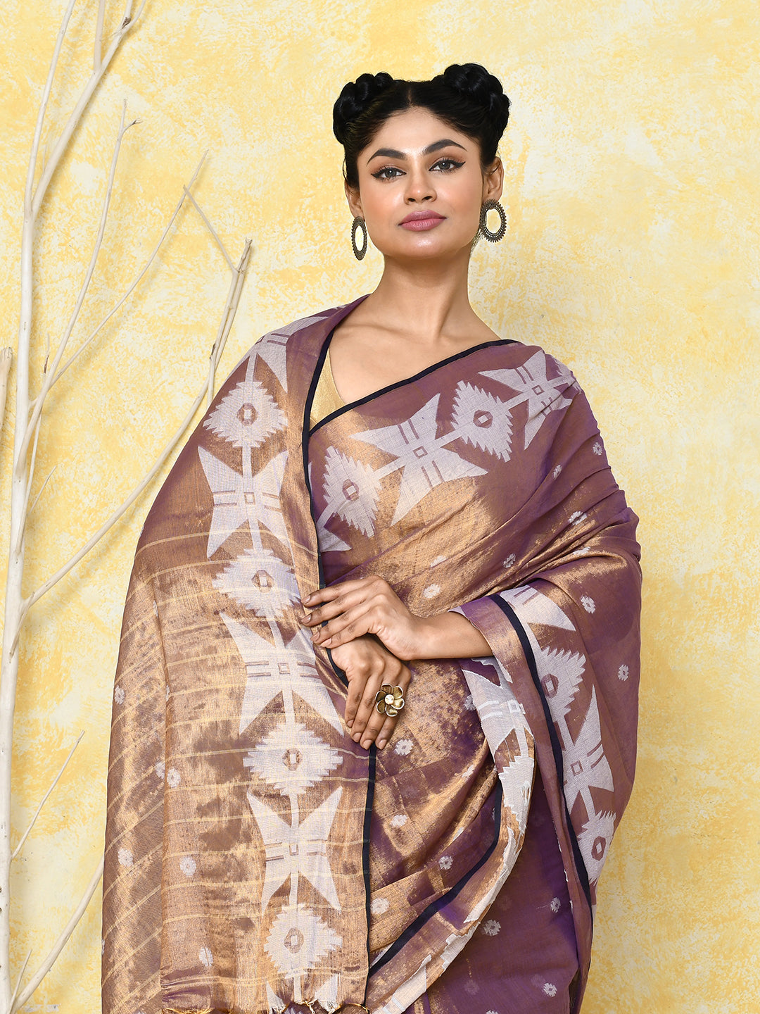 Piyari Fashion Women's Gold Blue Dual Tone Organic Tissue Jamdani Saree With Blouse Piece