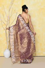 Thumbnail for Piyari Fashion Women's Gold Blue Dual Tone Organic Tissue Jamdani Saree With Blouse Piece