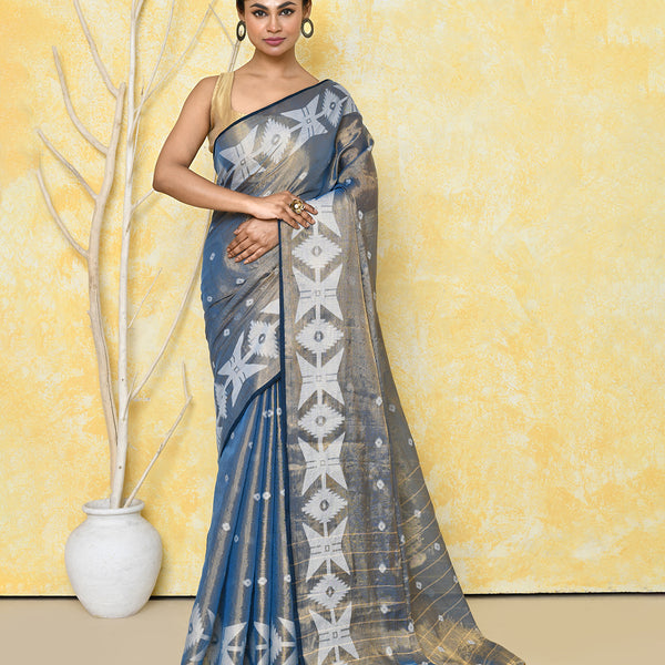 Piyari Fashion Women's Gold Turquoise Dual Tone Organic Tissue Jamdani Saree With Blouse Piece