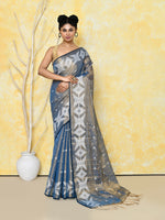 Thumbnail for Piyari Fashion Women's Gold Turquoise Dual Tone Organic Tissue Jamdani Saree With Blouse Piece