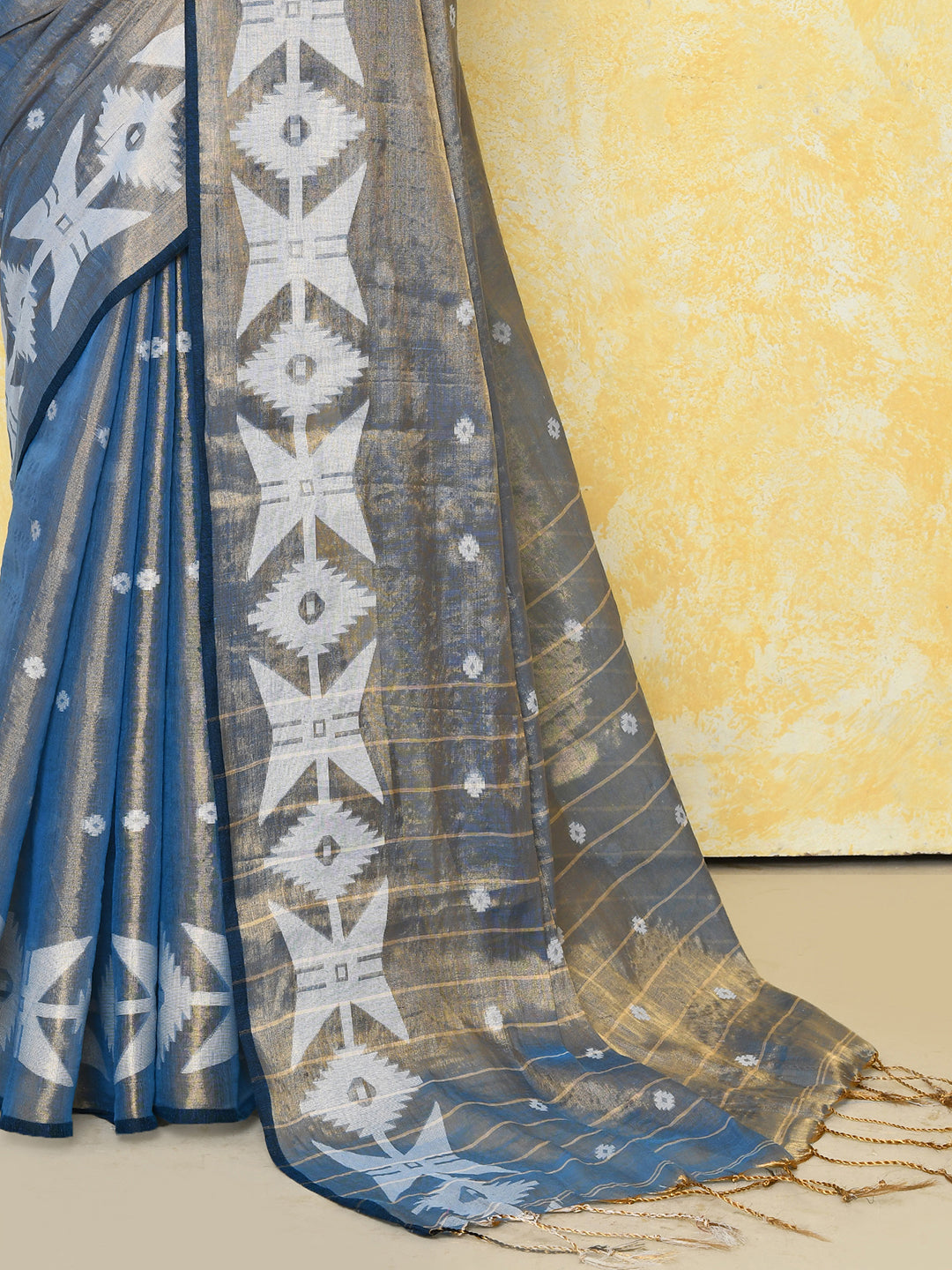 Piyari Fashion Women's Gold Turquoise Dual Tone Organic Tissue Jamdani Saree With Blouse Piece