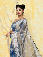 Thumbnail for Piyari Fashion Women's Gold Turquoise Dual Tone Organic Tissue Jamdani Saree With Blouse Piece
