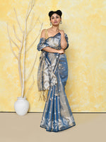 Thumbnail for Piyari Fashion Women's Gold Turquoise Dual Tone Organic Tissue Jamdani Saree With Blouse Piece