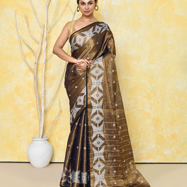 Piyari Fashion Women's Gold Dual Tone Organic Tissue Jamdani Saree With Blouse Piece