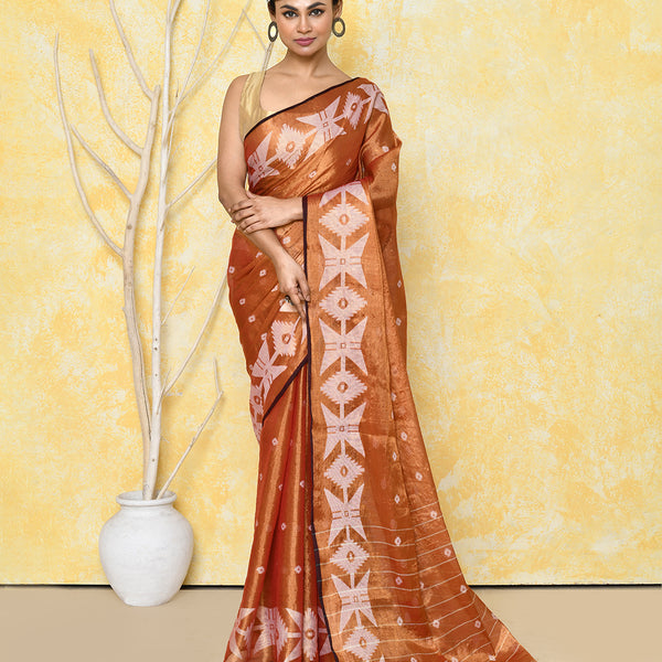 Piyari Fashion Women's Orange Dual Tone Organic Tissue Jamdani Saree With Blouse Piece