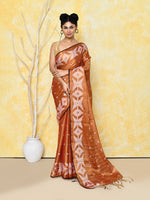 Thumbnail for Piyari Fashion Women's Orange Dual Tone Organic Tissue Jamdani Saree With Blouse Piece