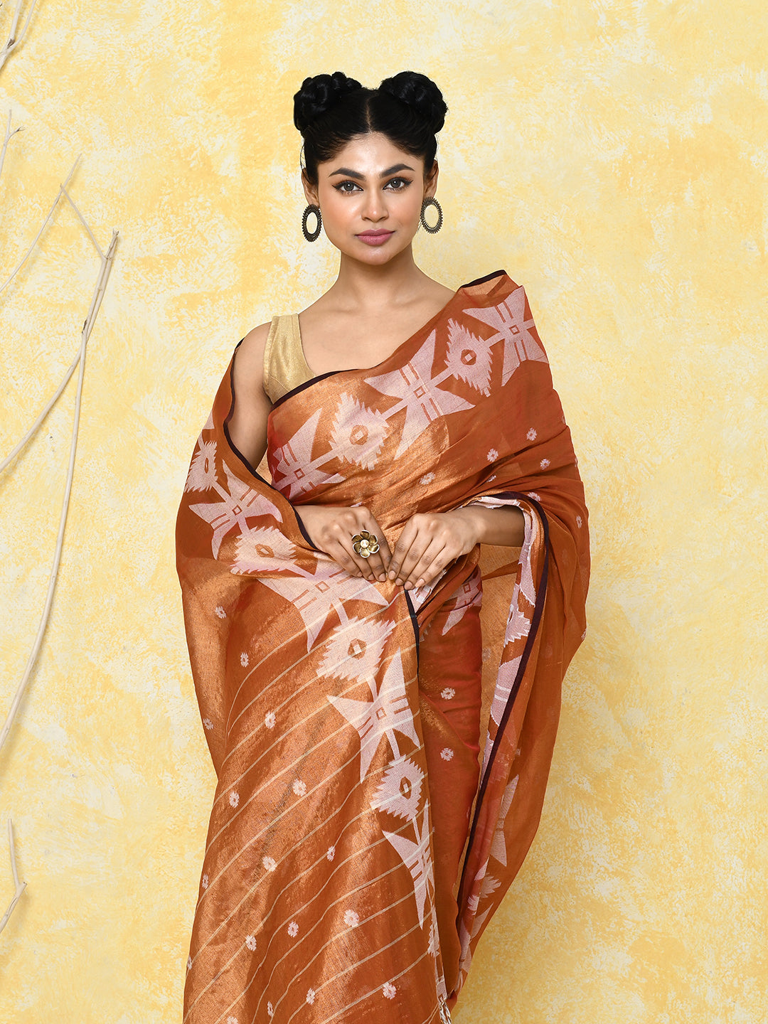 Piyari Fashion Women's Orange Dual Tone Organic Tissue Jamdani Saree With Blouse Piece