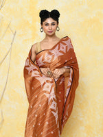 Thumbnail for Piyari Fashion Women's Orange Dual Tone Organic Tissue Jamdani Saree With Blouse Piece