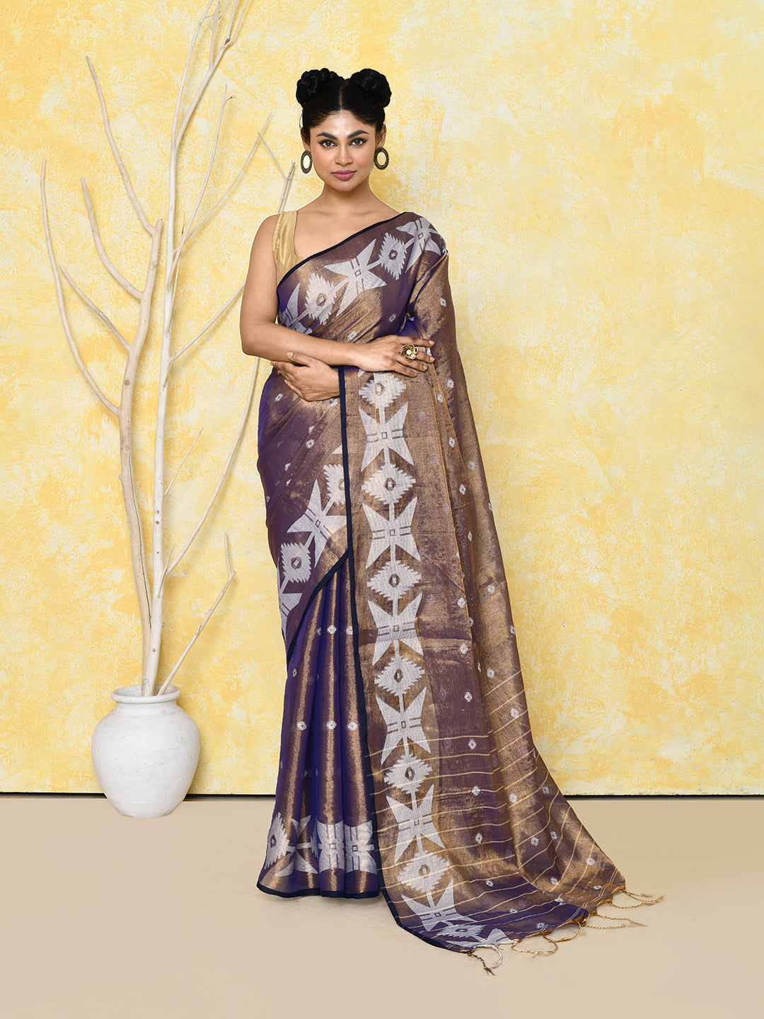 Piyari Fashion Women's Gold Blue Dual Tone Organic Tissue Jamdani Saree With Blouse Piece