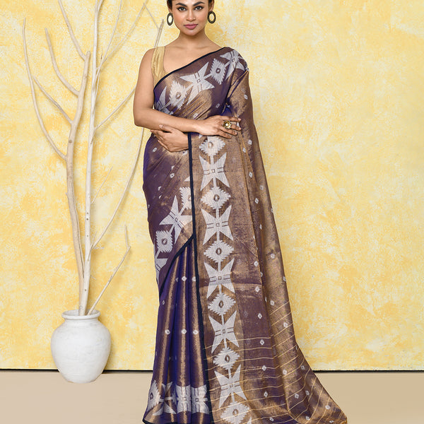 Piyari Fashion Women's Gold Blue Dual Tone Organic Tissue Jamdani Saree With Blouse Piece