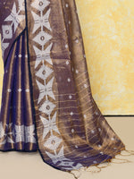 Thumbnail for Piyari Fashion Women's Gold Blue Dual Tone Organic Tissue Jamdani Saree With Blouse Piece