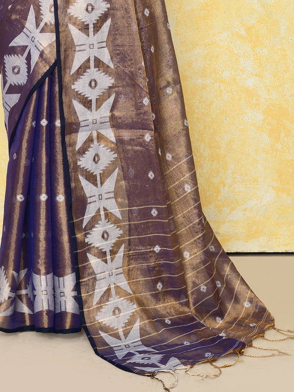 Piyari Fashion Women's Gold Blue Dual Tone Organic Tissue Jamdani Saree With Blouse Piece