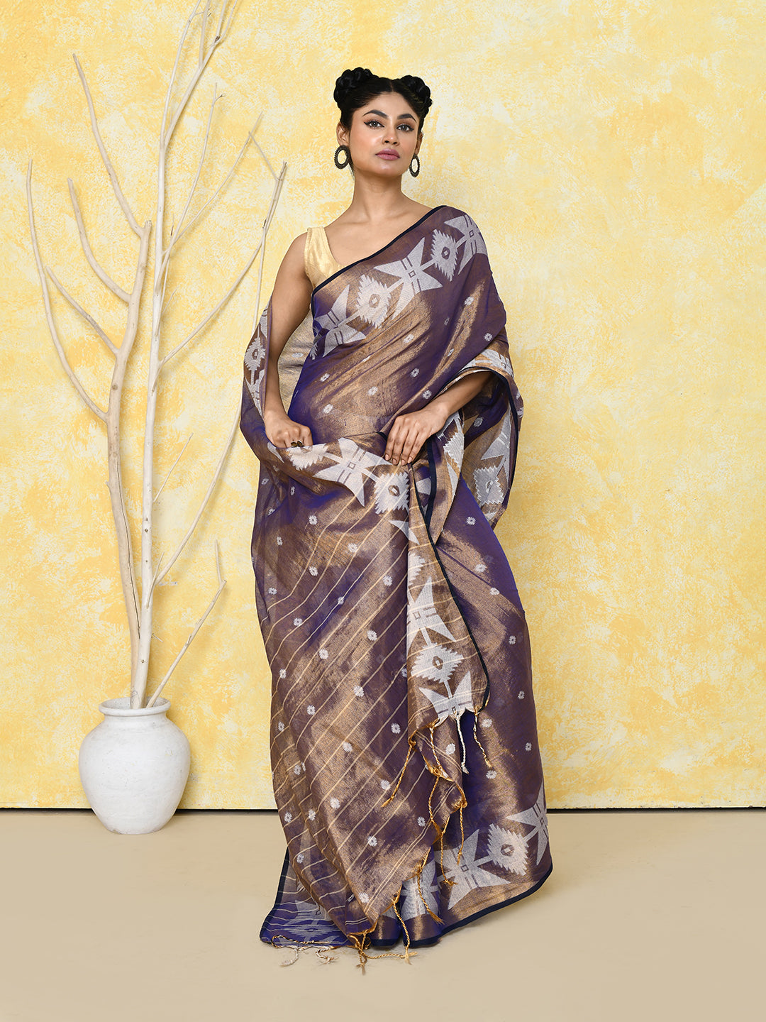 Piyari Fashion Women's Gold Blue Dual Tone Organic Tissue Jamdani Saree With Blouse Piece