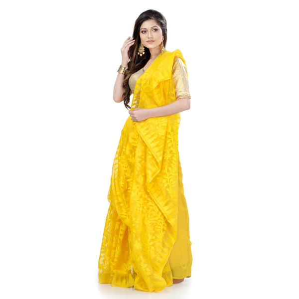 Piyari Fashion Cotton Blend Handloom Yellow Jamdani Saree
