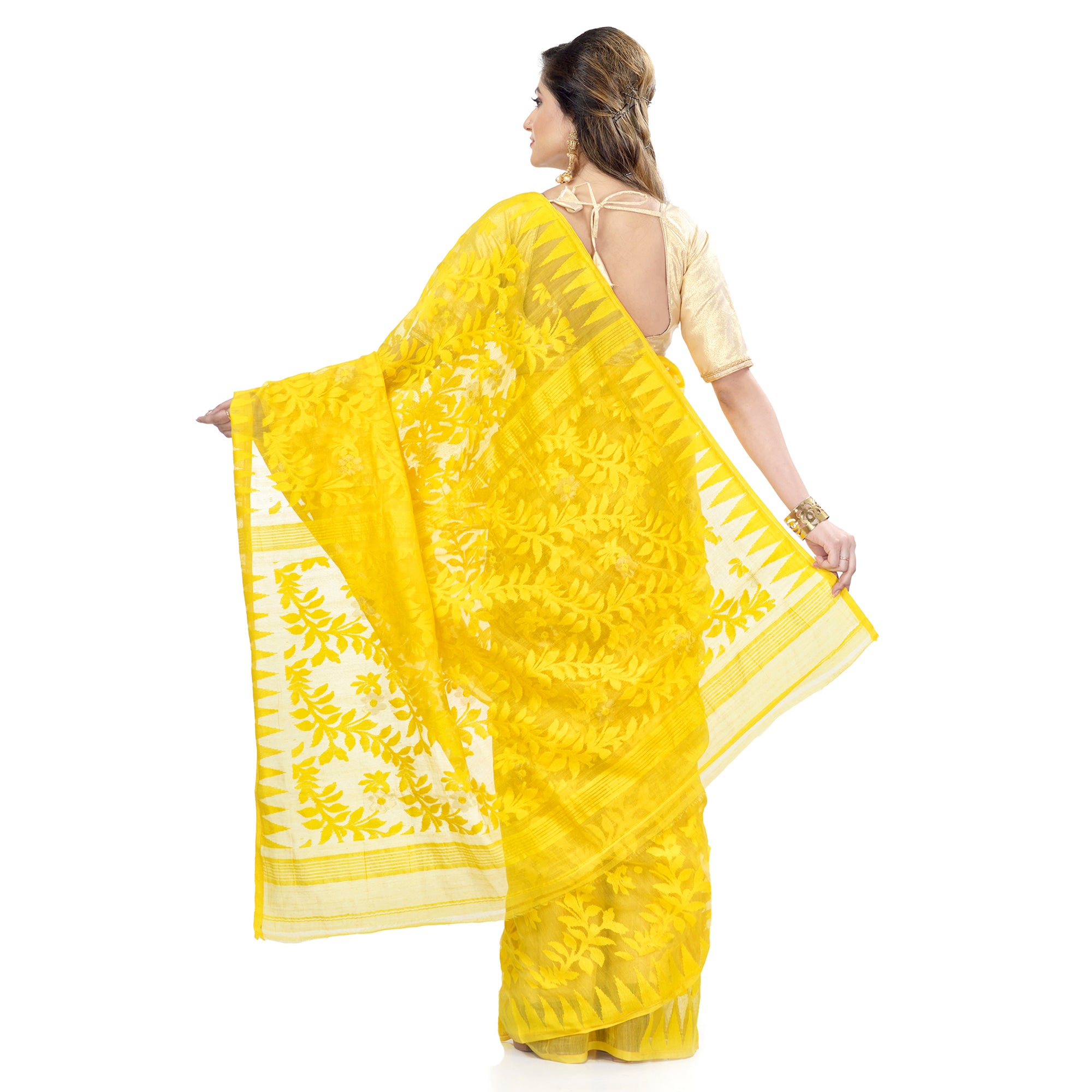 Piyari Fashion Cotton Blend Handloom Yellow Jamdani Saree