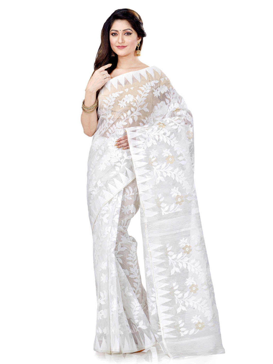 Piyari Fashion Cotton Blend Handloom White Jamdani Saree