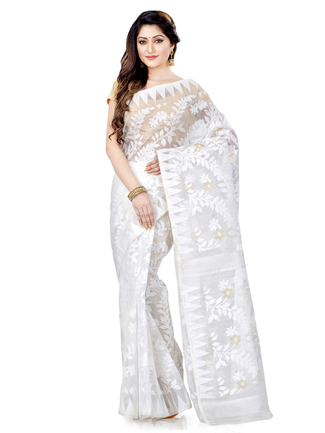 Piyari Fashion Cotton Blend Handloom White Jamdani Saree