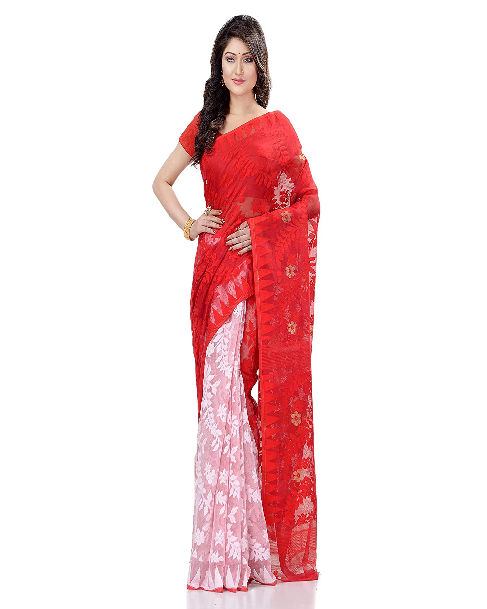 Piyari Fashion Cotton Blend Handloom Red White Jamdani Saree