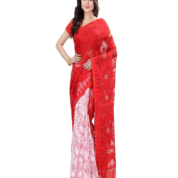 Piyari Fashion Cotton Blend Handloom Red White Jamdani Saree
