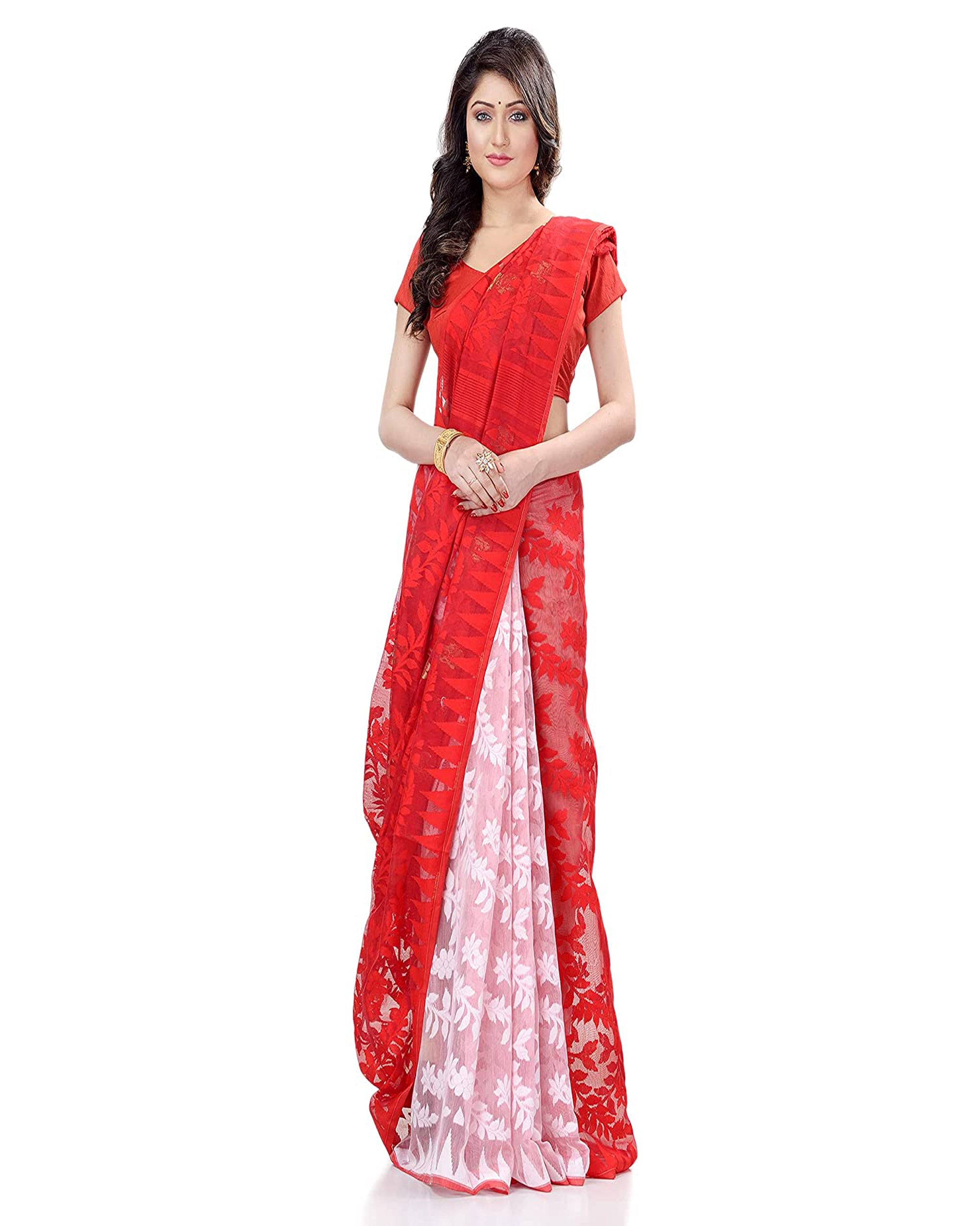 Piyari Fashion Cotton Blend Handloom Red White Jamdani Saree