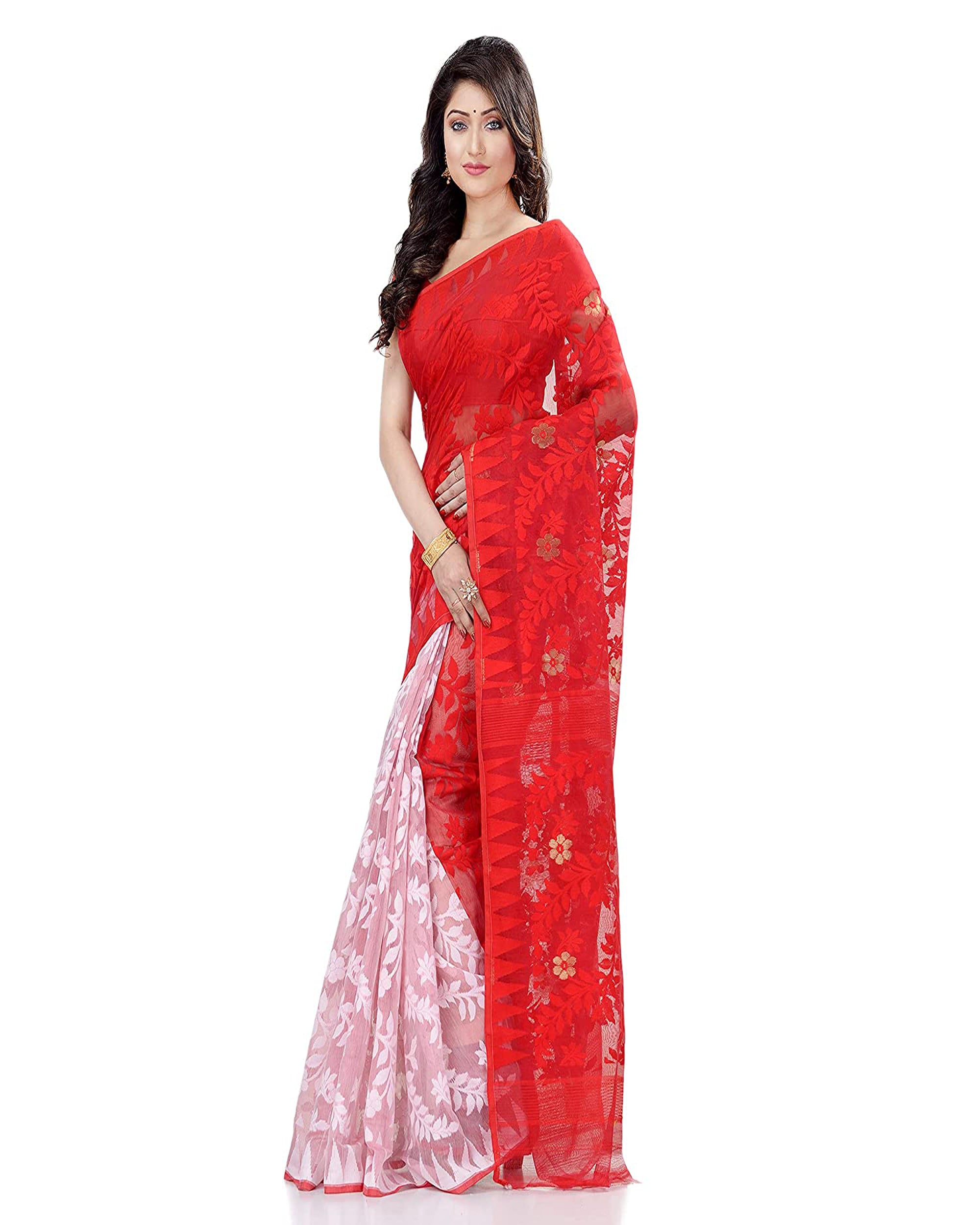 Piyari Fashion Cotton Blend Handloom Red White Jamdani Saree