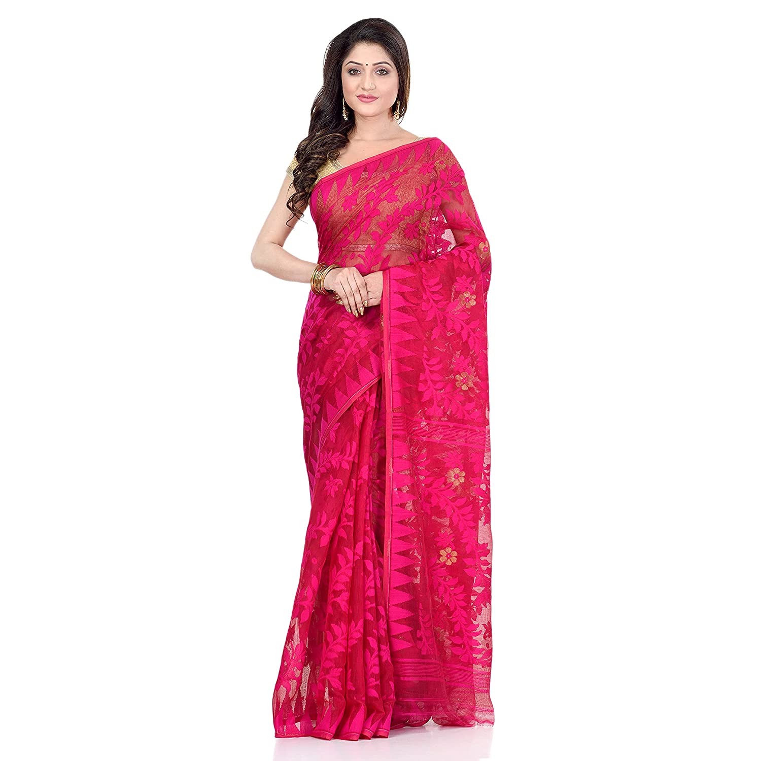 Piyari Fashion Cotton Blend Handloom Pink Jamdani Saree
