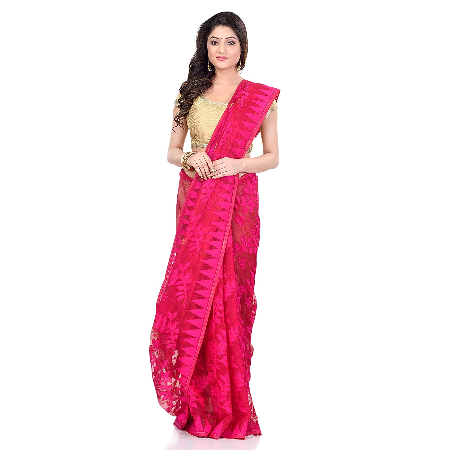 Piyari Fashion Cotton Blend Handloom Pink Jamdani Saree