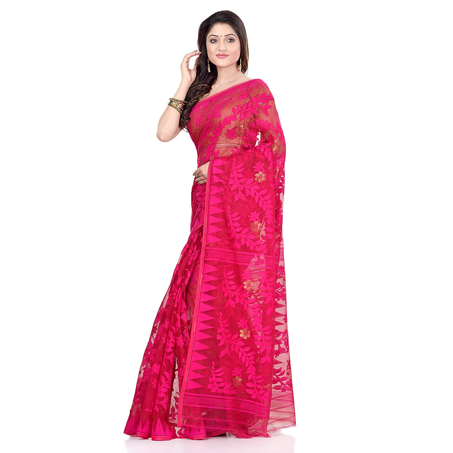 Piyari Fashion Cotton Blend Handloom Pink Jamdani Saree