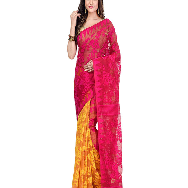 Piyari Fashion Cotton Blend Handloom Yellow Pink Jamdani Saree