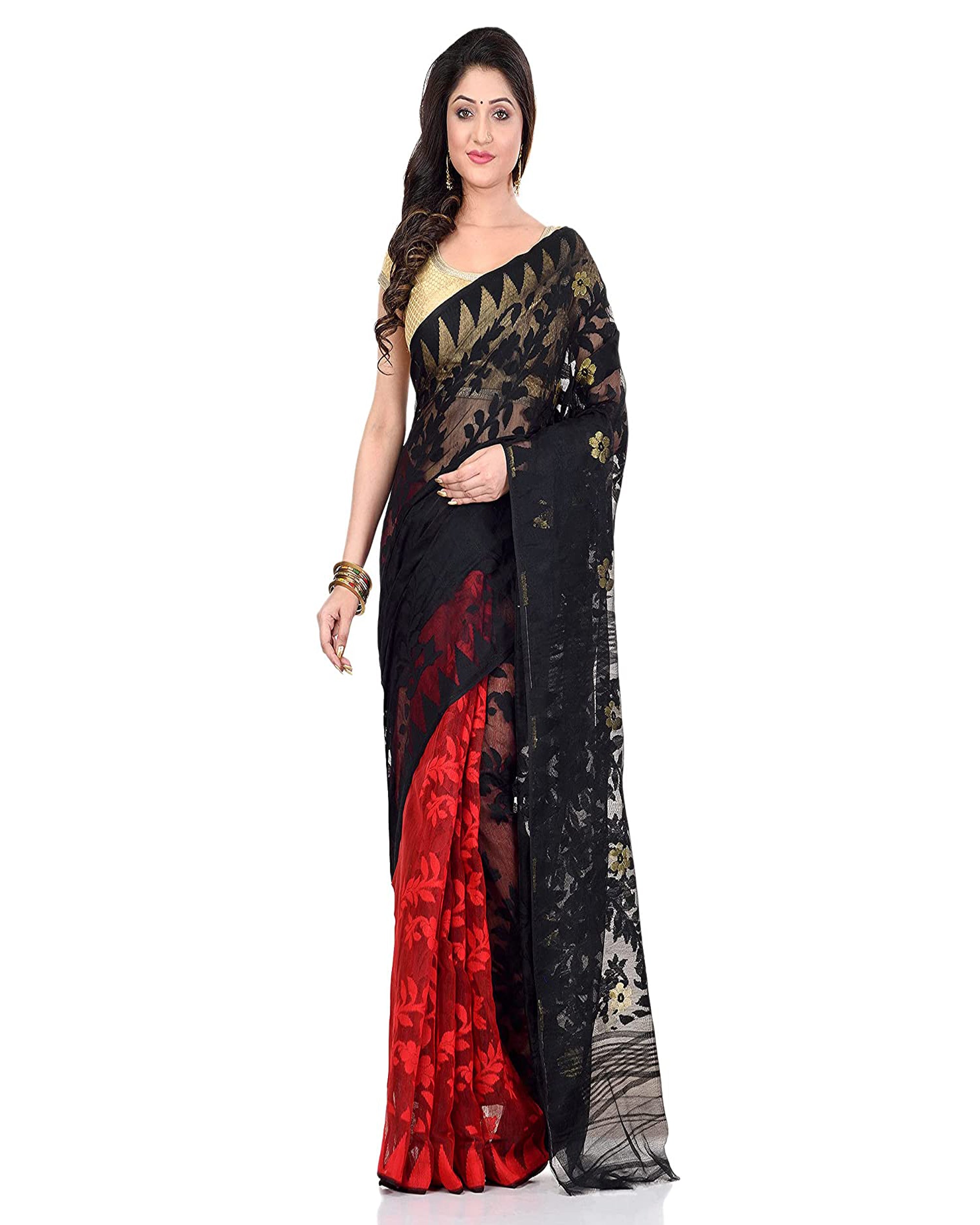 Piyari Fashion Cotton Blend Handloom Black Red Jamdani Saree