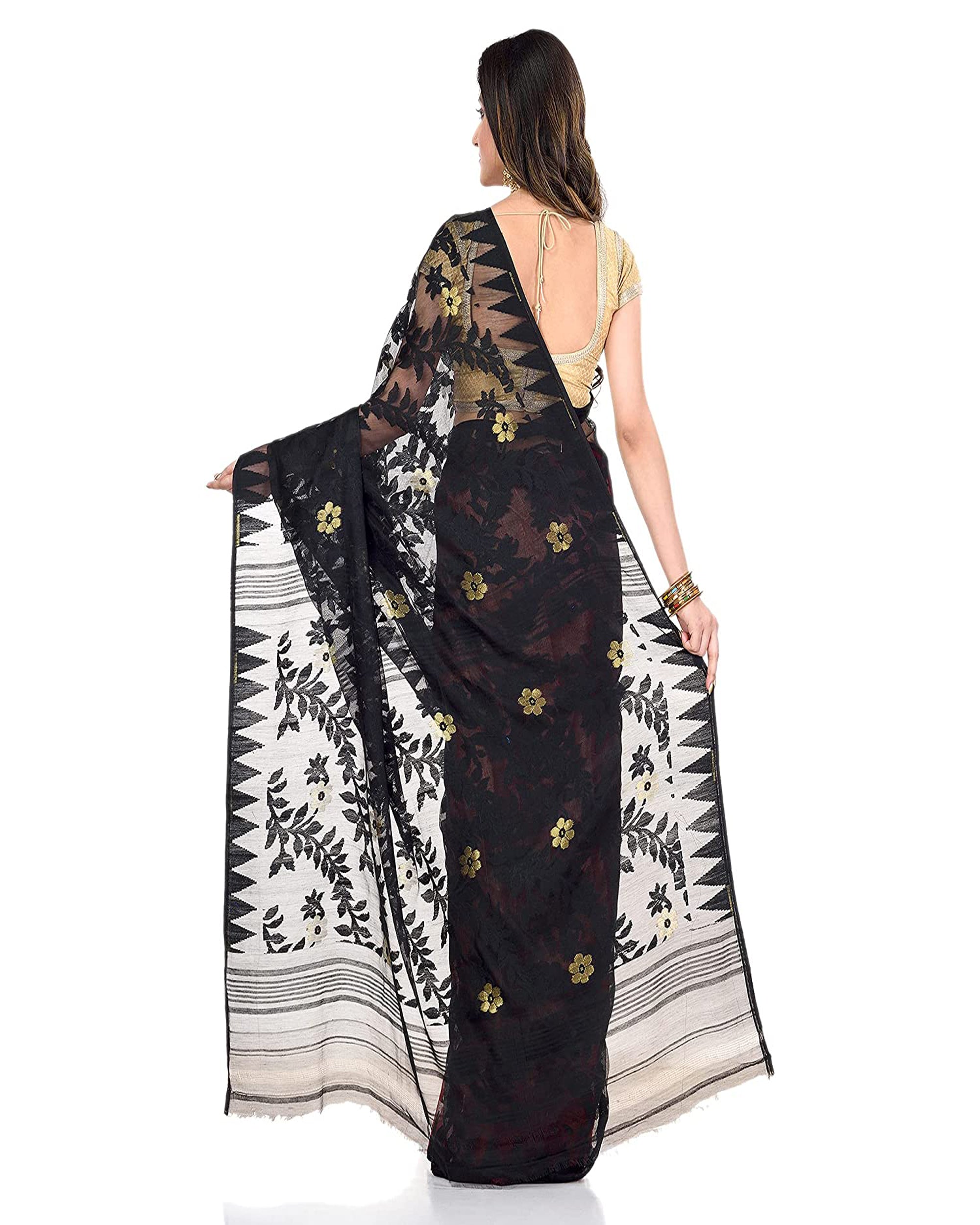 Piyari Fashion Cotton Blend Handloom Black Red Jamdani Saree