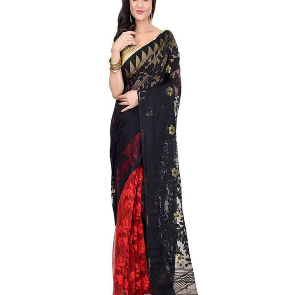 Piyari Fashion Cotton Blend Handloom Black Red Jamdani Saree