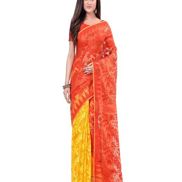 Piyari Fashion Cotton Blend Handloom Yellow Orange Jamdani Saree