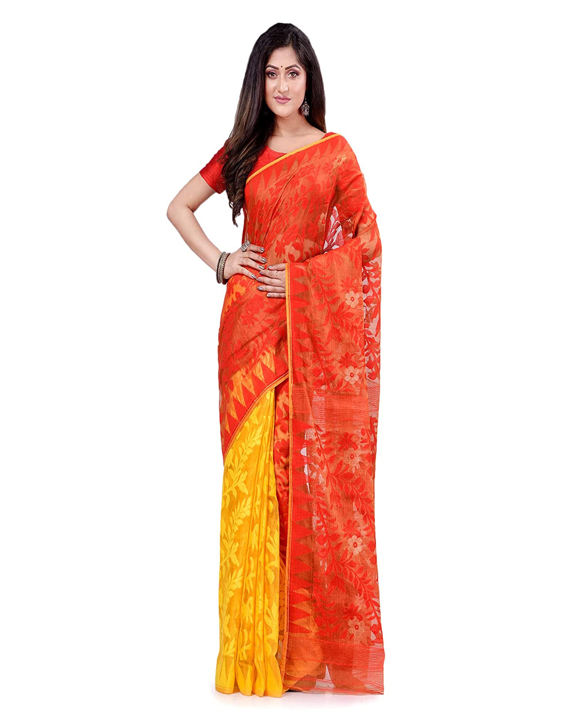 Piyari Fashion Cotton Blend Handloom Yellow Orange Jamdani Saree
