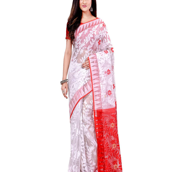 Piyari Fashion Cotton Blend Handloom White Jamdani Saree