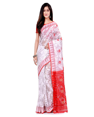Piyari Fashion Cotton Blend Handloom White Jamdani Saree