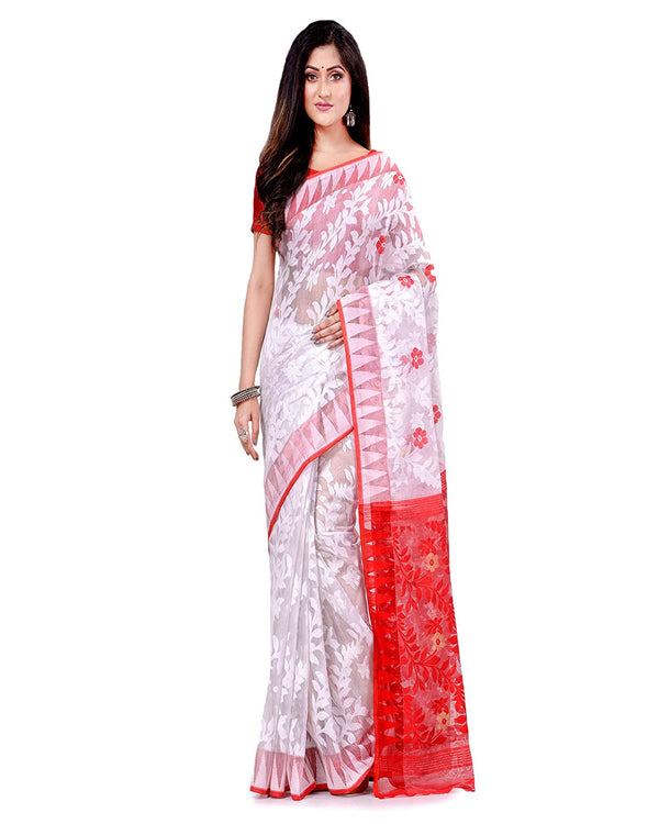 Piyari Fashion Cotton Blend Handloom White Jamdani Saree