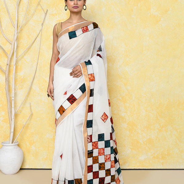 Piyari Fashion Women's White Exclusive Applique Saree With Blouse Piece