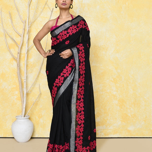 Piyari Fashion Women's Black Exclusive Applique Saree With Blouse Piece