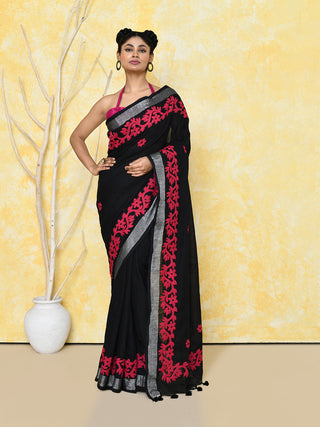 Piyari Fashion Women's Black Exclusive Applique Saree With Blouse Piece