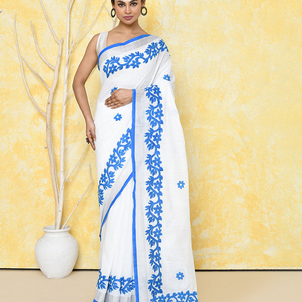 Piyari Fashion Women's White Exclusive Applique Saree With Blouse Piece