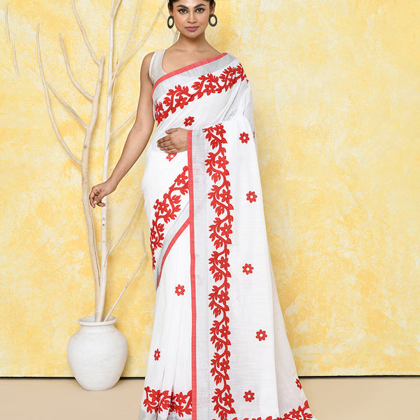 Piyari Fashion Women's White Exclusive Applique Saree With Blouse Piece