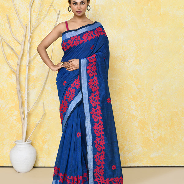 Piyari Fashion Women's Royal Blue Exclusive Applique Saree With Blouse Piece